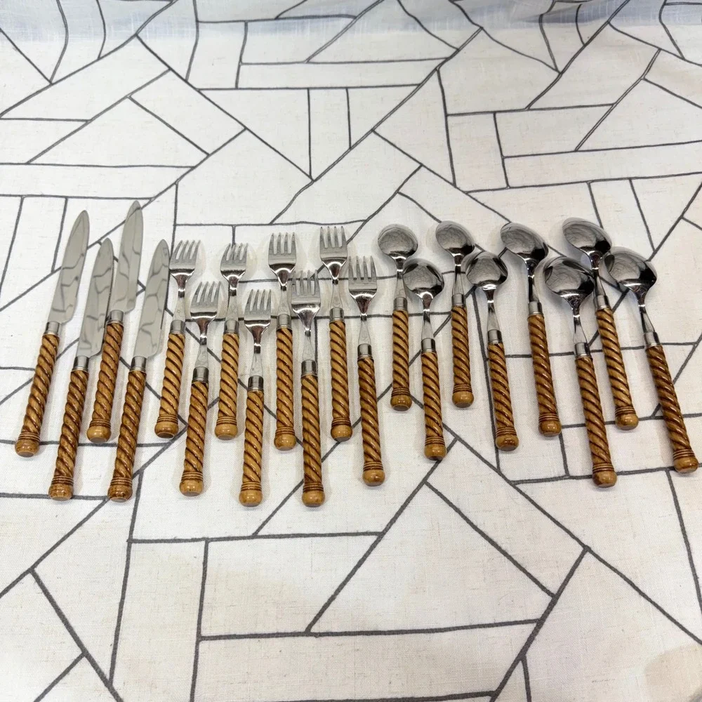 Flatware Set 20pc Brown Faux Wood Rope Twist Handle Stainless Service 4 no Brand